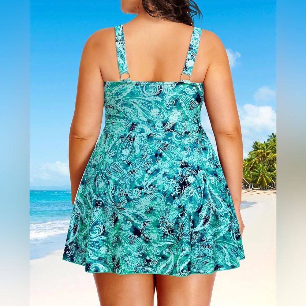 Tempt Me Blue Purple Foliage Swim Dress 1-Piece Size 16W NWT Adjustable Cups - Picture 4 of 7